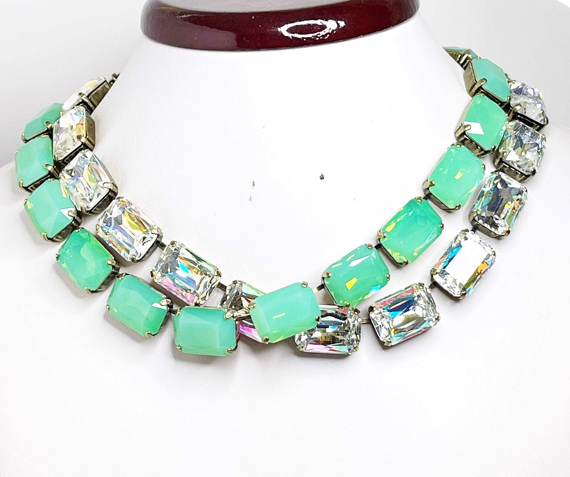 Green Opal Georgian Collet | Clear AB Crystal Choker | Riviere Necklace | Anna Wintour Style