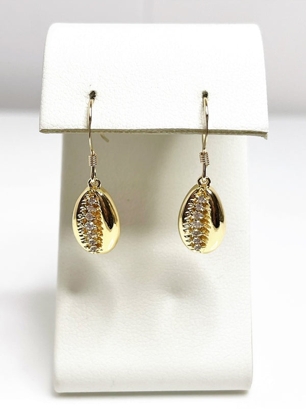 Gold Cowrie Shell Crystal Earrings | Dainty 14kt Gold CZ Dangles