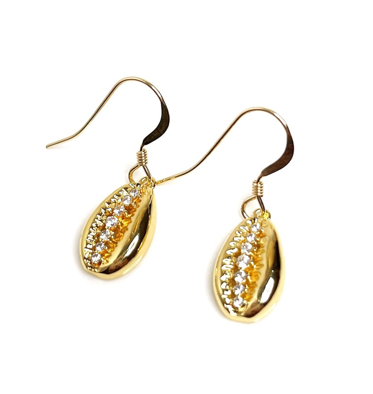 Gold Cowrie Shell Crystal Earrings | Dainty 14kt Gold CZ Dangles
