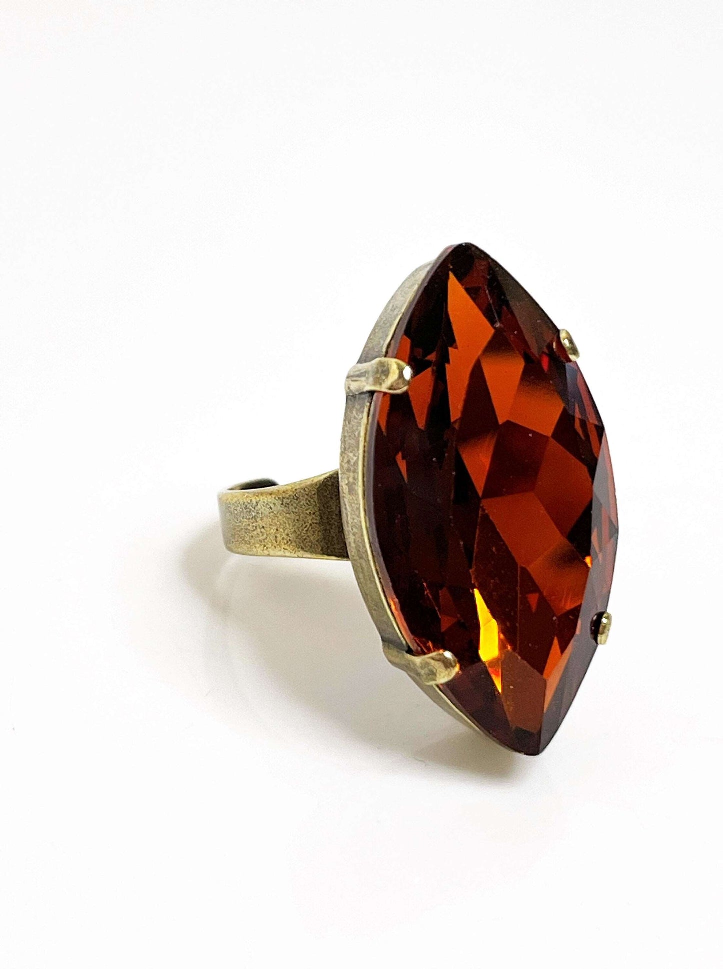 Tangerine Crystal Ring | Large Dark Burnt Orange Statement Ring | Antique Brass