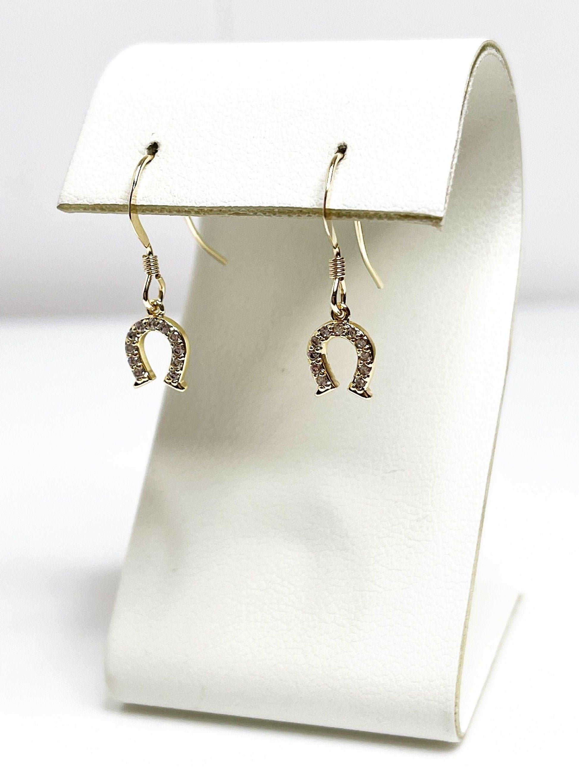 Gold Horseshoe Crystal Earrings | Dainty Lucky Drops | 14kt Gold CZ Horseshoe Dangles 