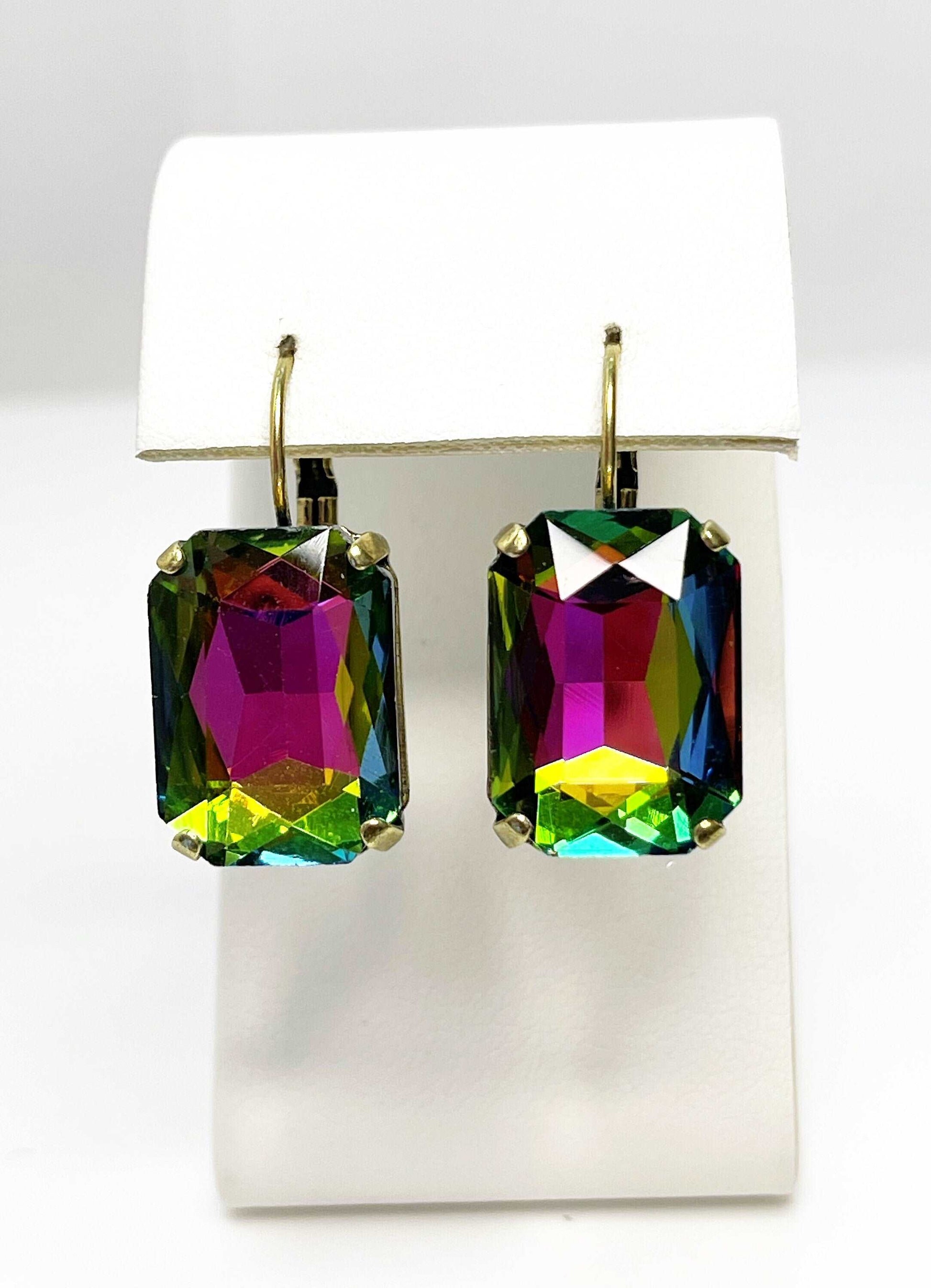 Rainbow Crystal Earrings | Multicolour Octagon Statement Drops | Antique Brass