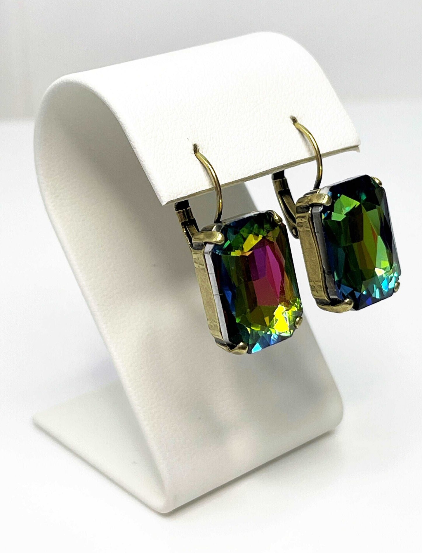 Rainbow Crystal Earrings | Multicolour Octagon Statement Drops | Antique Brass