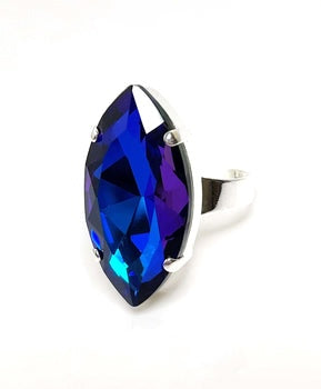 Blue Crystal Ring | Large Statement Ring | Silver Plated | Bermuda Blue Navette