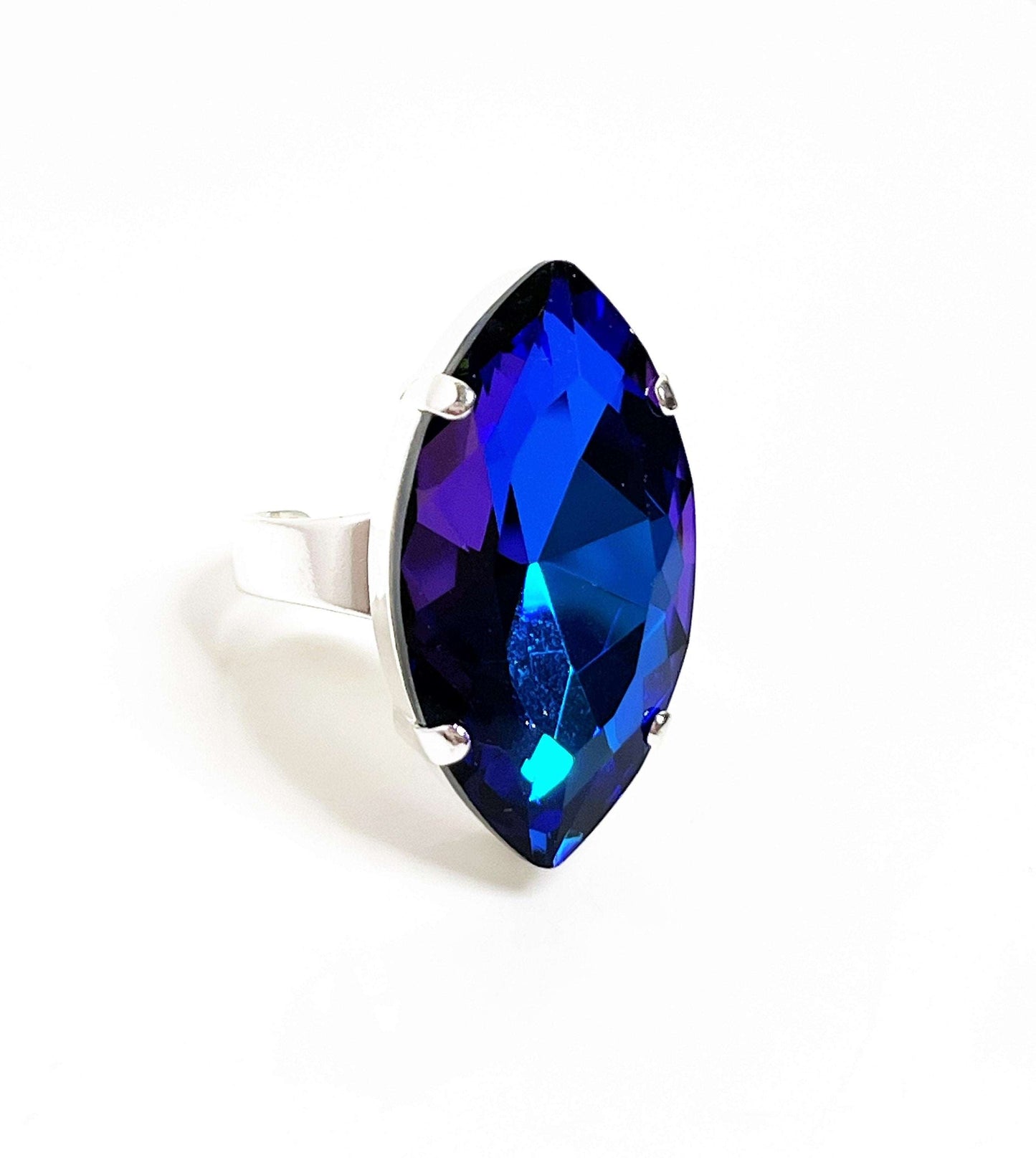 Blue Crystal Ring | Large Statement Ring | Silver Plated | Bermuda Blue Navette