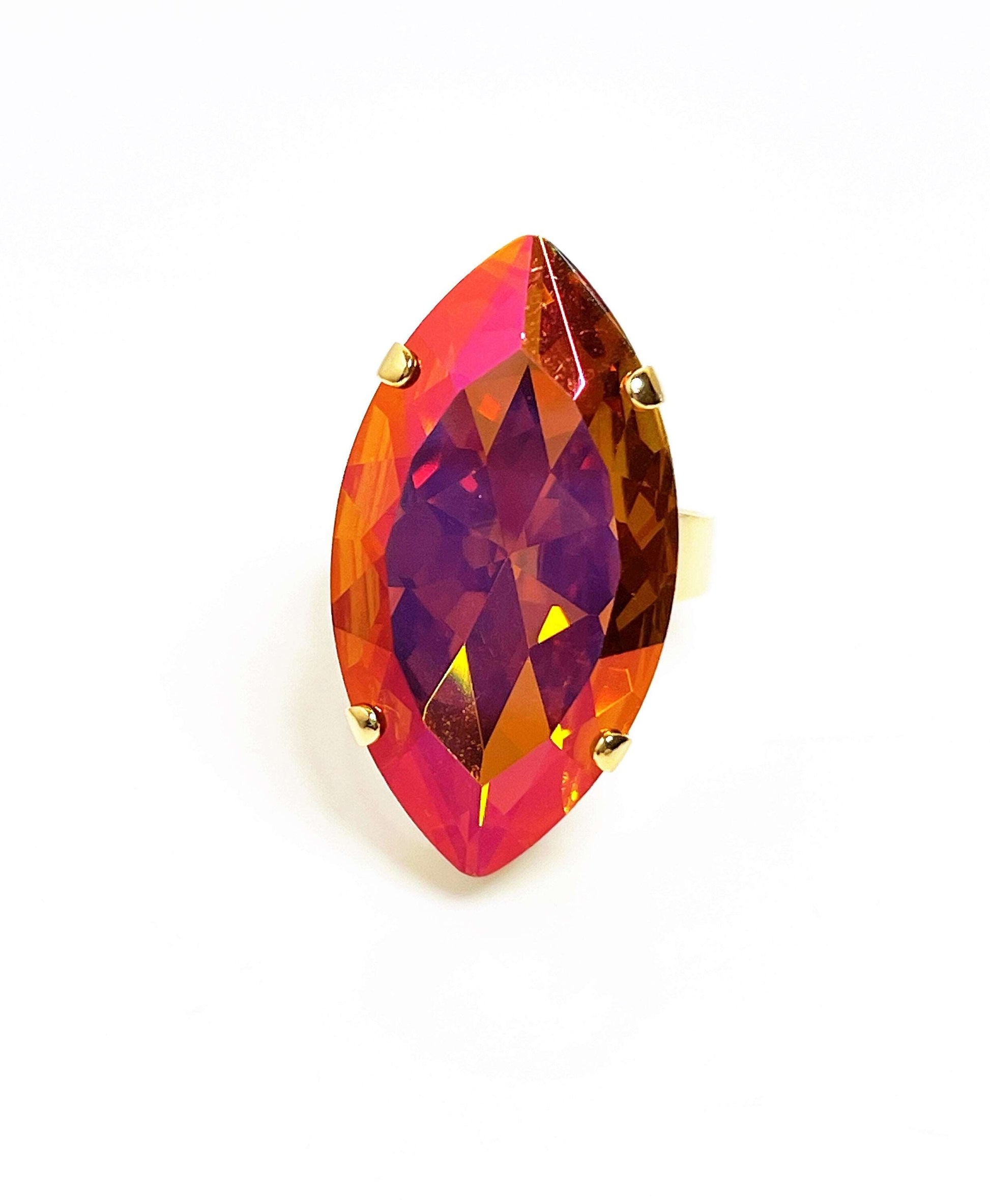 Astral Pink Crystal Ring, Large Orange Pink Statement Ring, Gold Plated, Georgian Collet, Vintage Style, Rings For Women, Fire Glow Navette