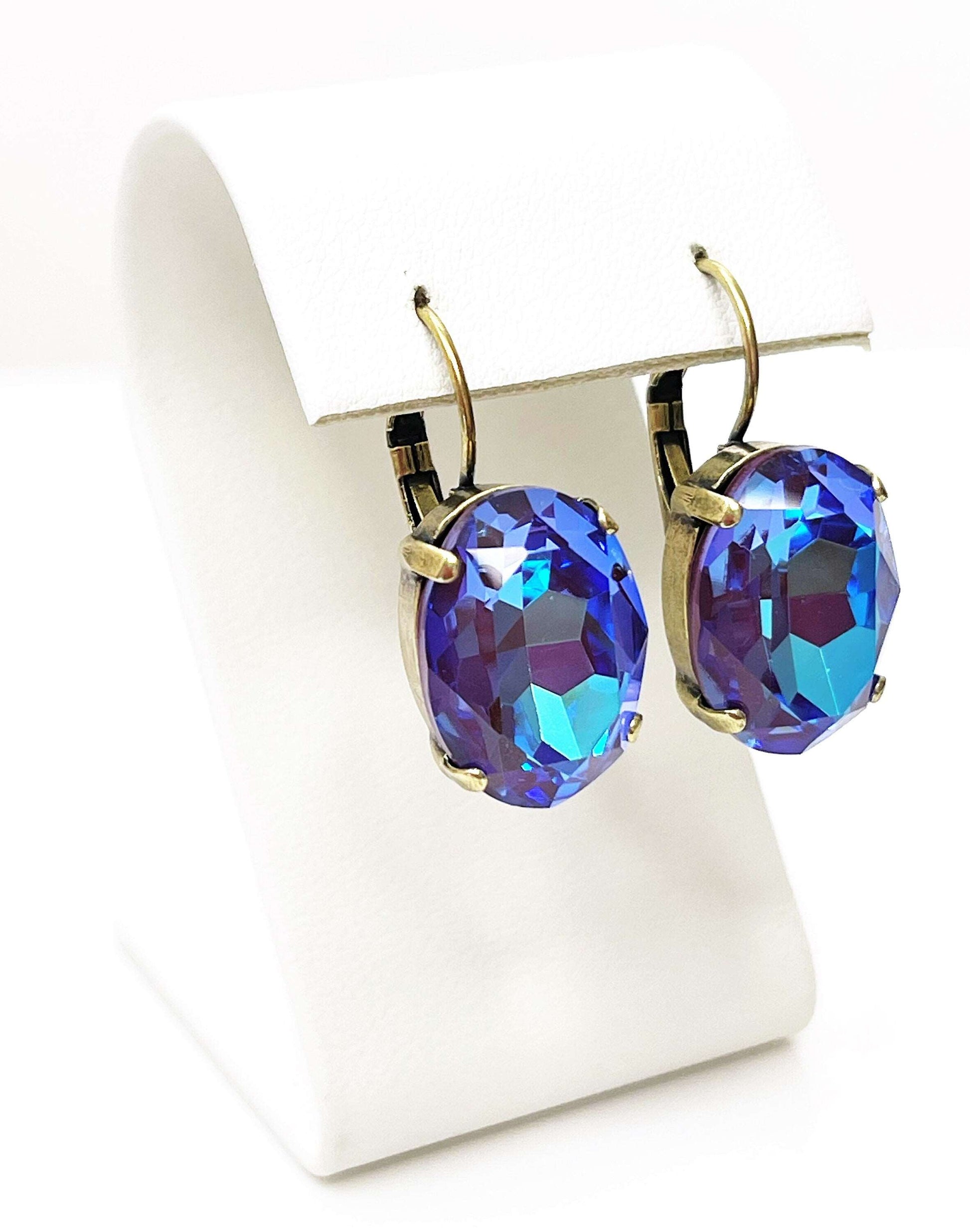 Blue Purple Georgian Crystal Earrings | Statement Oval Drops