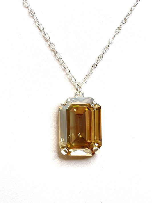 Champagne Austrian Crystal Pendant, Golden Shadow Rectangular Pendant, 925 Sterling Silver, Gold Filled, Crystal Jewellery, Bridal Necklace