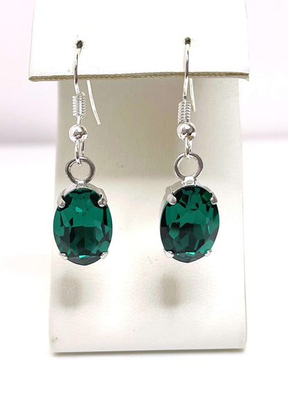 Dainty Emerald Green Crystal Earrings, Sterling Silver, Crystal Jewellery, Vintage Style Dangles, Oval Drops, Earrings for Women