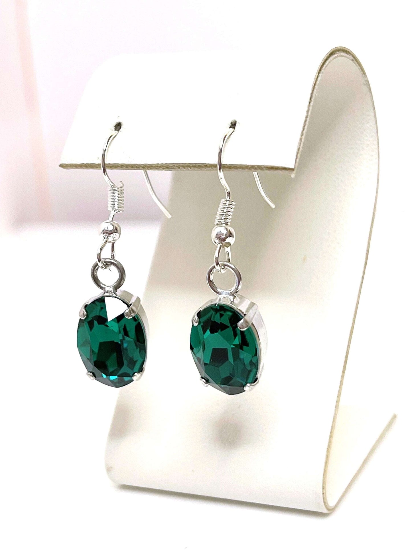 Dainty Emerald Green Crystal Earrings, Sterling Silver, Crystal Jewellery, Vintage Style Dangles, Oval Drops, Earrings for Women