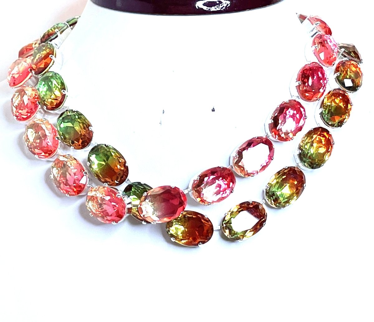 Tourmaline Georgian Collet Necklaces | Green Orange Crystal Choker | Anna Wintour Style Necklace | Statement Necklaces