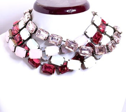 Pink White Opal Rose Georgian Collet Necklaces | Pink Crystal Chokers | Anna Wintour Style