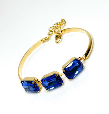 Sapphire Blue Crystal Bracelet, 14 x 10mm Octagon, 3 Stone Cuff, Blue Bangle Bracelet, Gold Plated, Adjustable, Bracelets for Women