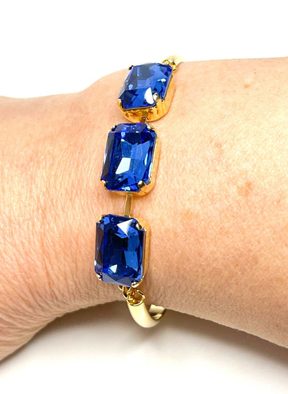 Sapphire Blue Crystal Bracelet, 14 x 10mm Octagon, 3 Stone Cuff, Blue Bangle Bracelet, Gold Plated, Adjustable, Bracelets for Women