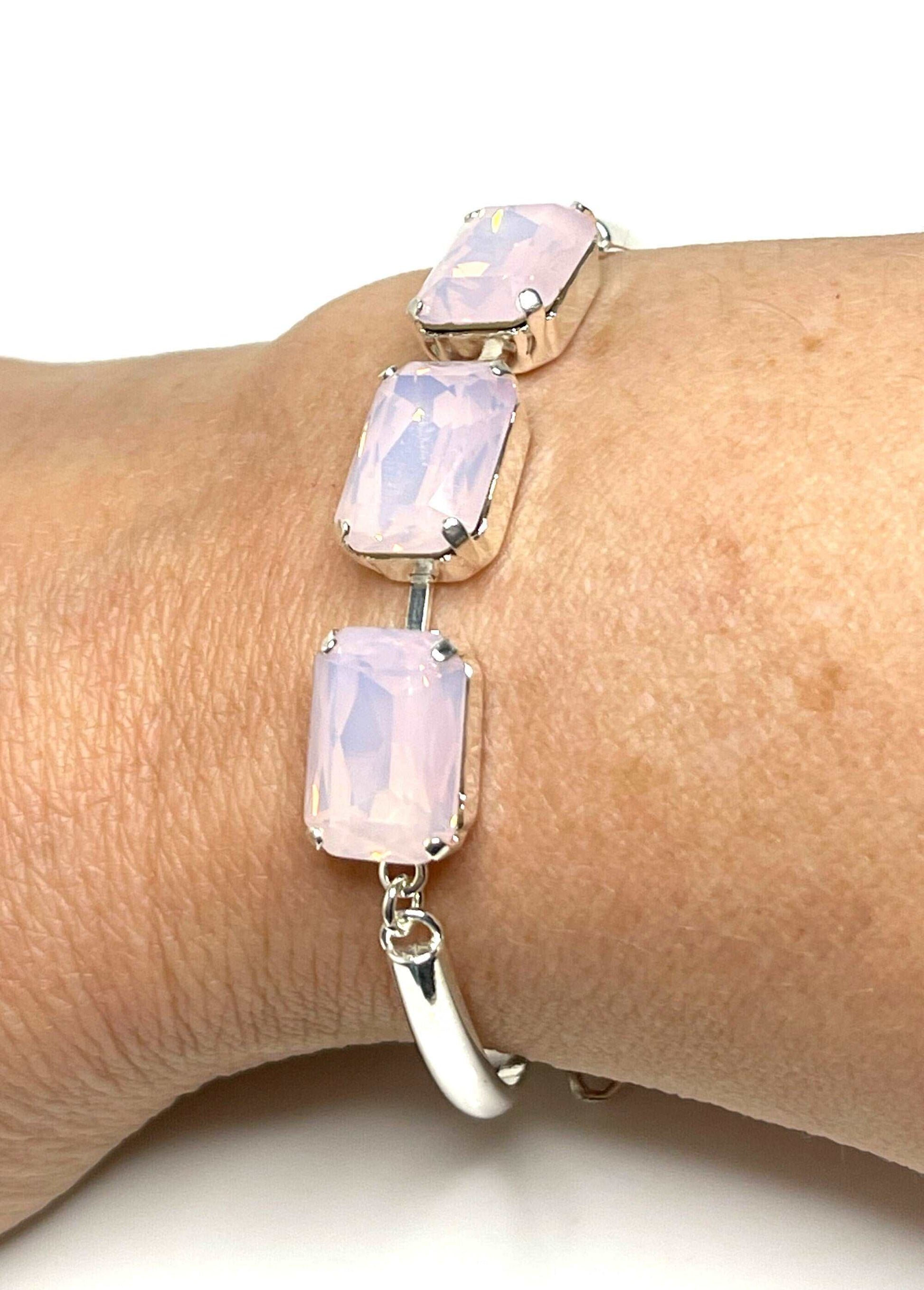 Rose Water Opal Crystal Bracelet, 14 x 10mm Octagon, 3 Stone Cuff, Pink Stone Bangle Bracelet, Silver Plated, Adjustable, Bracelets for Women