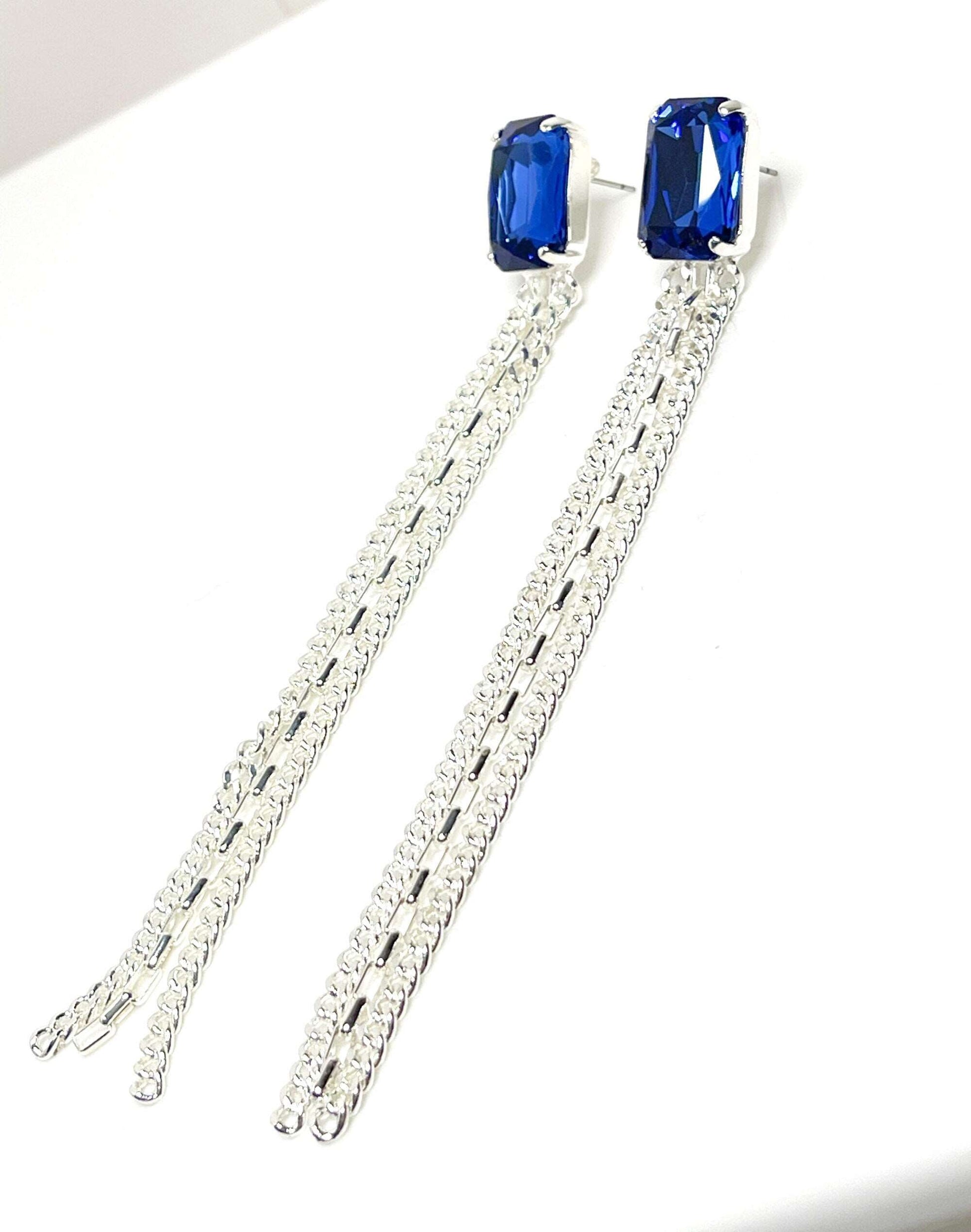 Extra Long Crystal Tassel Earrings, Sapphire Octagon Drops, Statement Drops, Silver Plated, Georgian Paste, Wedding Earrings, Collet Drops