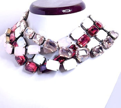 Pink White Opal Rose Georgian Collet Necklaces | Pink Crystal Chokers | Anna Wintour Style