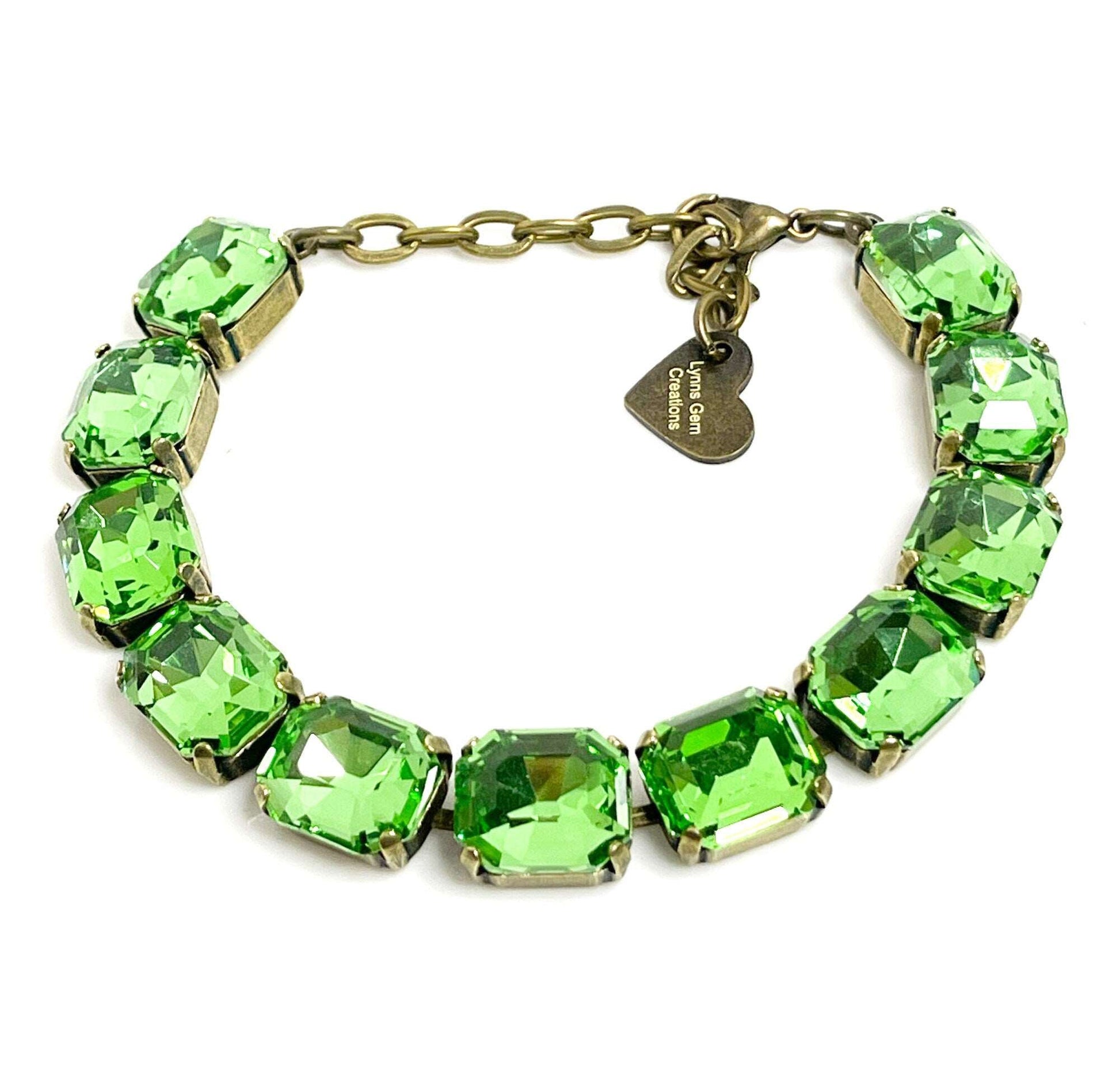 Peridot Green Crystal Bracelet, 12 x 10mm Octagon, Green Tennis Bracelet, Bridesmaid Gift, Georgian Statement Bracelet, Bracelets for Women