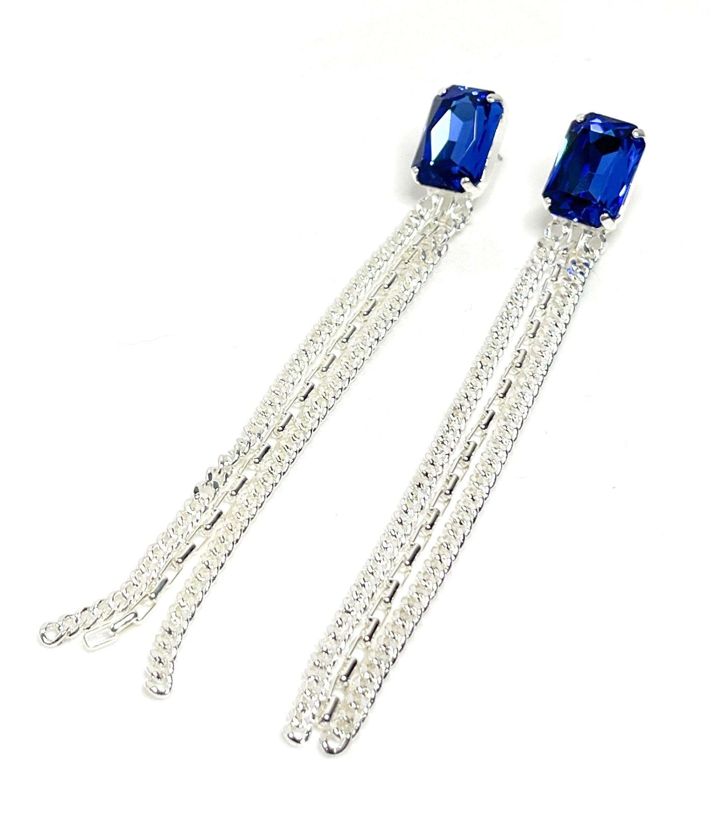 Extra Long Crystal Tassel Earrings, Sapphire Octagon Drops, Statement Drops, Silver Plated, Georgian Paste, Wedding Earrings, Collet Drops