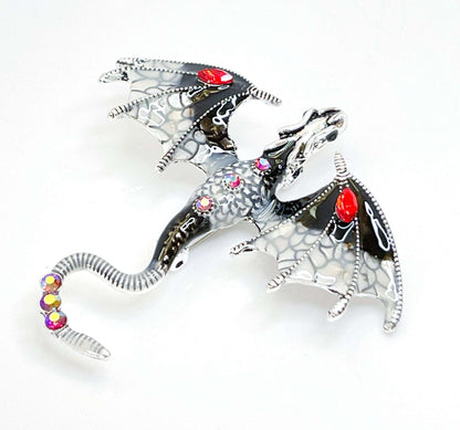 Large Black Red Flying Dragon Brooch with Crystals | Gothic Fashion Brooch