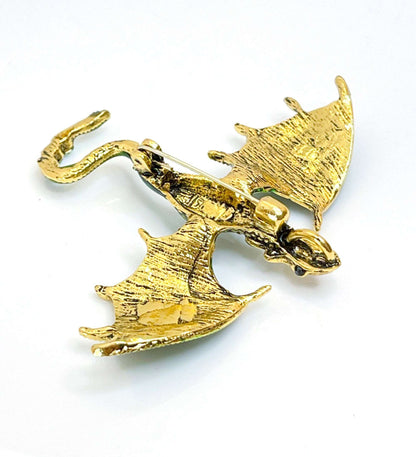 Large Red Gold Flying Dragon Brooch with Crystals, Gothic Fashion Brooch, Unisex Jewellery, Dragon Pendant,