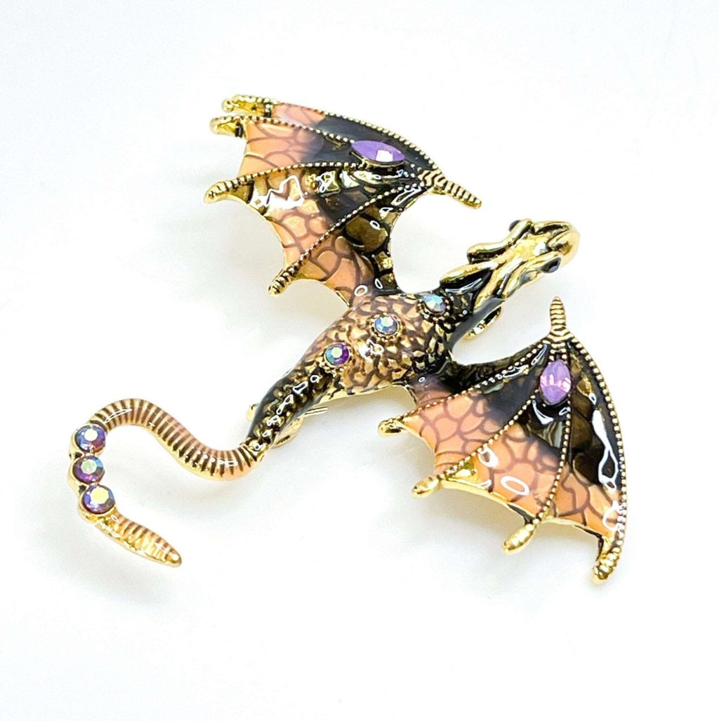 Large Orange Black Flying Dragon Brooch with Crystals | Gothic Fashion Brooch