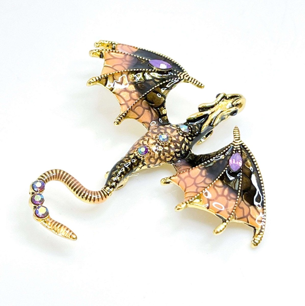 Large Orange Black Flying Dragon Brooch with Crystals | Gothic Fashion Brooch