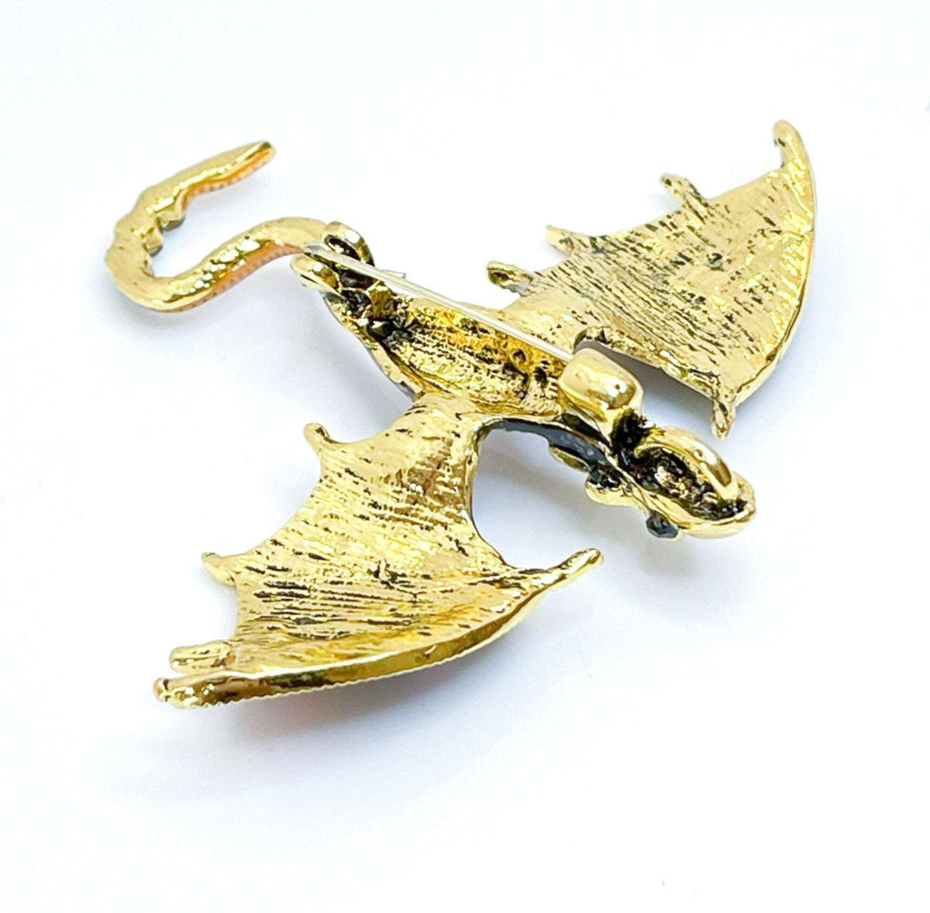Large Orange Black Flying Dragon Brooch with Crystals | Gothic Fashion Brooch