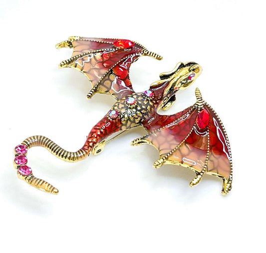 Large Red Gold Flying Dragon Brooch with Crystals, Gothic Fashion Brooch, Unisex Jewellery, Dragon Pendant,