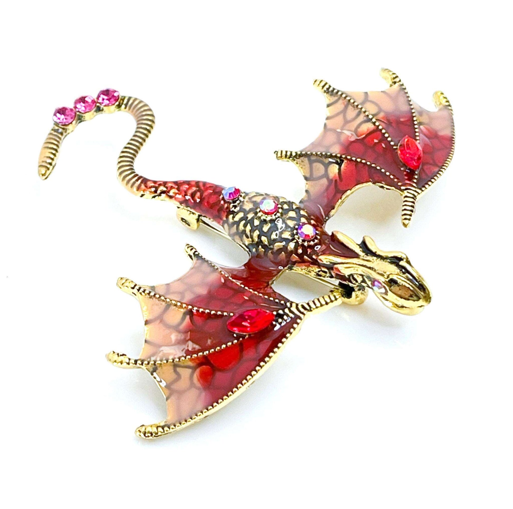 Large Red Gold Flying Dragon Brooch with Crystals, Gothic Fashion Brooch, Unisex Jewellery, Dragon Pendant,