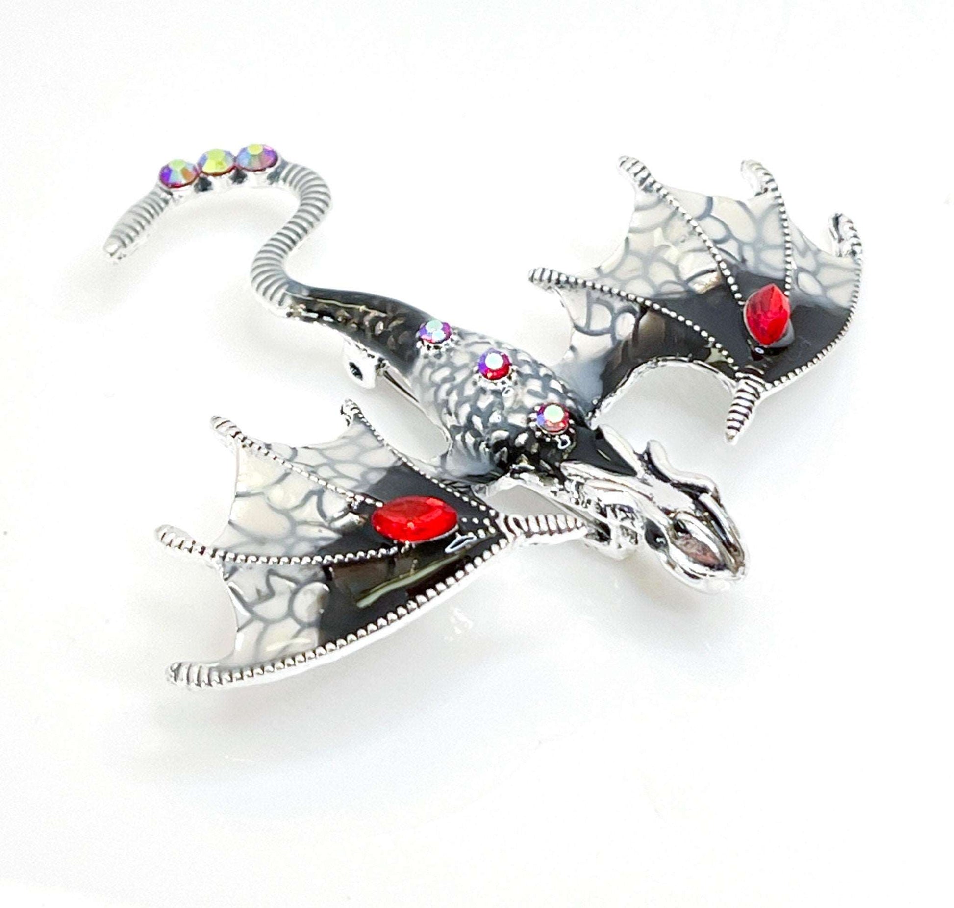 Large Black Red Flying Dragon Brooch with Crystals | Gothic Fashion Brooch