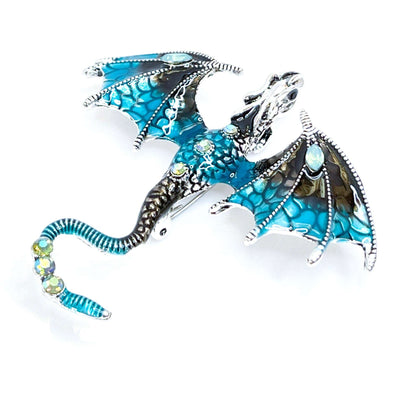 Large Black Teal Flying Dragon Brooch with Crystals | Gothic Fashion Brooch