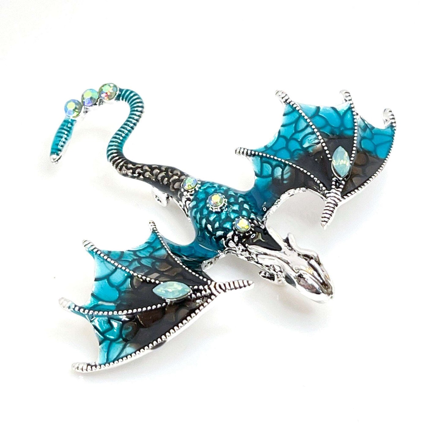 Large Black Teal Flying Dragon Brooch with Crystals | Gothic Fashion Brooch