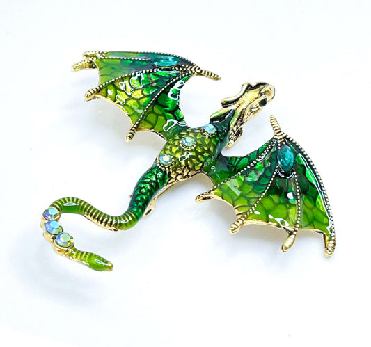 Large Green Ombre Flying Dragon Brooch with Crystals | Gothic Fashion Brooch | Unisex Jewellery
