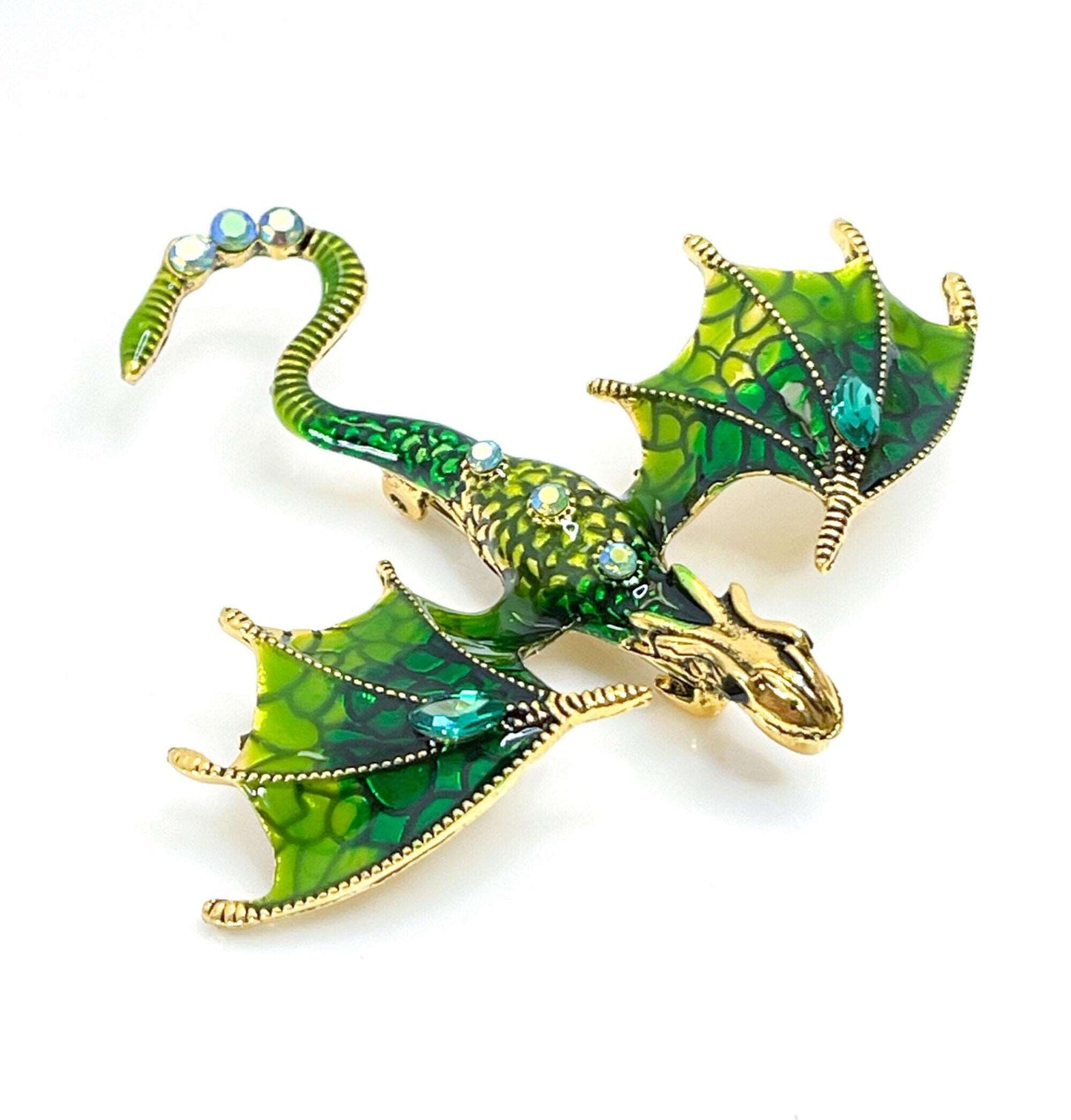 Large Green Ombre Flying Dragon Brooch with Crystals | Gothic Fashion Brooch | Unisex Jewellery