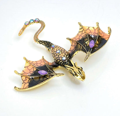 Large Orange Black Flying Dragon Brooch with Crystals | Gothic Fashion Brooch