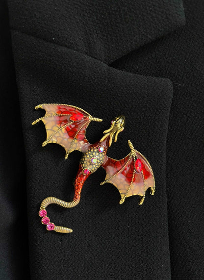 Large Red Gold Flying Dragon Brooch with Crystals, Gothic Fashion Brooch, Unisex Jewellery, Dragon Pendant,