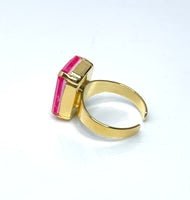 Electric Pink Crystal Ring | Large Hot Pink Ring | Gold Plated | Rectangle Statement Ring