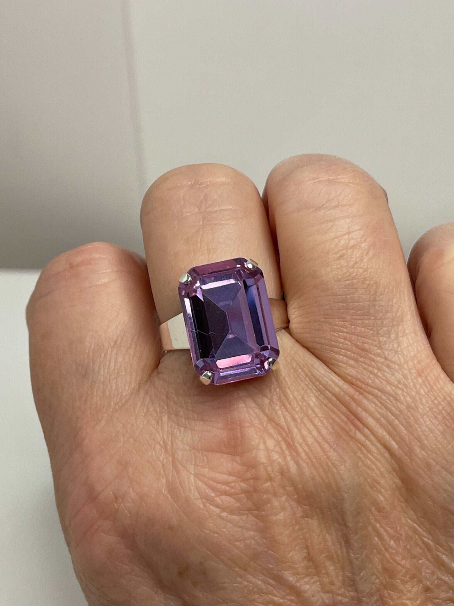 Violet Crystal Ring, Large Purple Ring, Silver Plated, Georgian Collet, Rectangle Statement Rings For Women