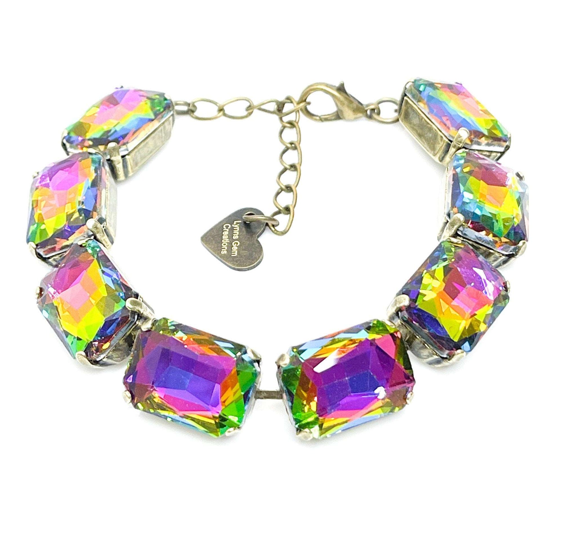 Rainbow Crystal Bracelet, Large Octagon Cuff, Multicolour Jewelry, Statement Jewellery, Georgian Style Bracelet, Bracelets for Women