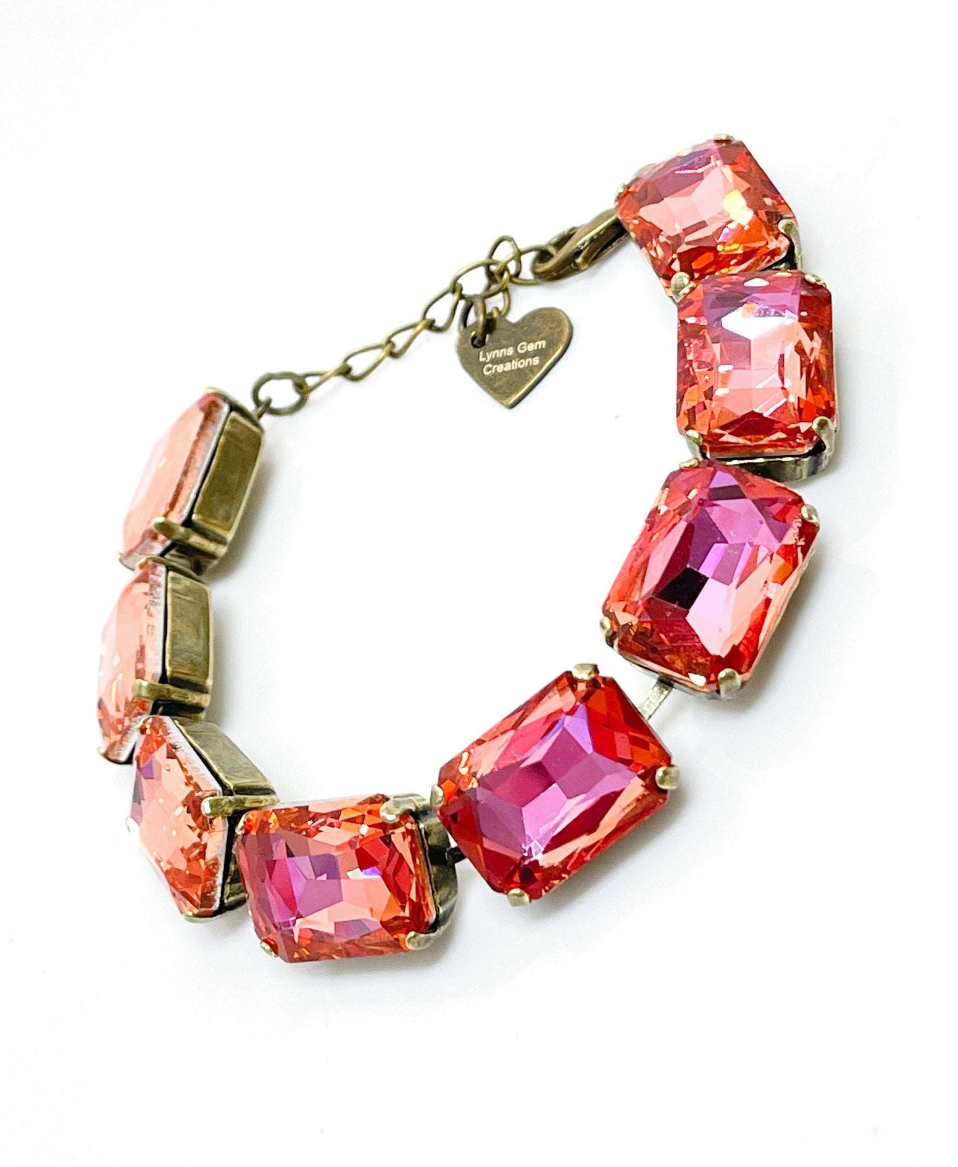 Peach Pink Crystal Bracelet | Georgian Style Bracelet | Antique Brass