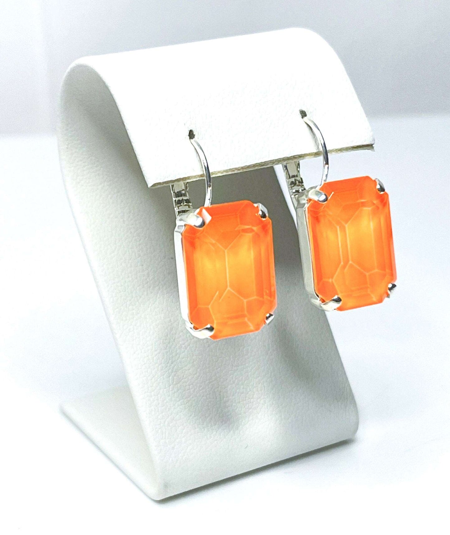 Electric Orange Crystal Earrings, Large Silver Drops, Vintage Style, Georgian Collet, Rectangle Statement Drops, Earrings For Women
