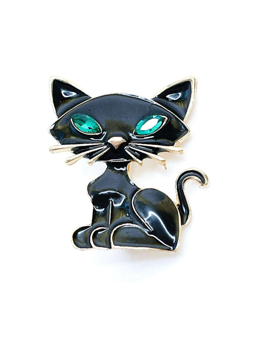 Black Green Eyed Sitting Cat Brooch | Gift for Cat Lovers