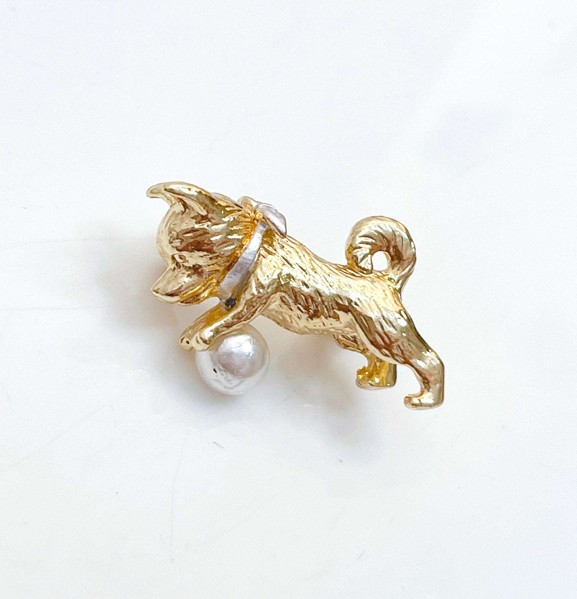 Gold Cute Dog Brooch | Gift for Dog Lovers | Puppy Dog with Ball Pin