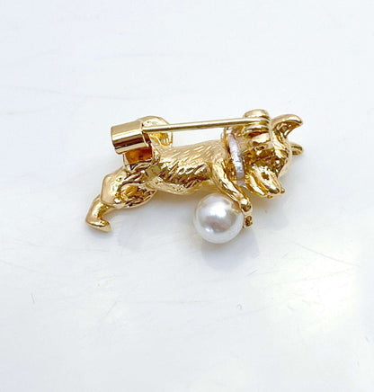 Gold Cute Dog Brooch | Gift for Dog Lovers | Puppy Dog with Ball Pin