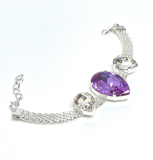 Violet Crystal Silver Mesh Bracelet, Large Teardrop Cuff, Statement Jewellery, Georgian Style Bracelet, Bracelets for Women