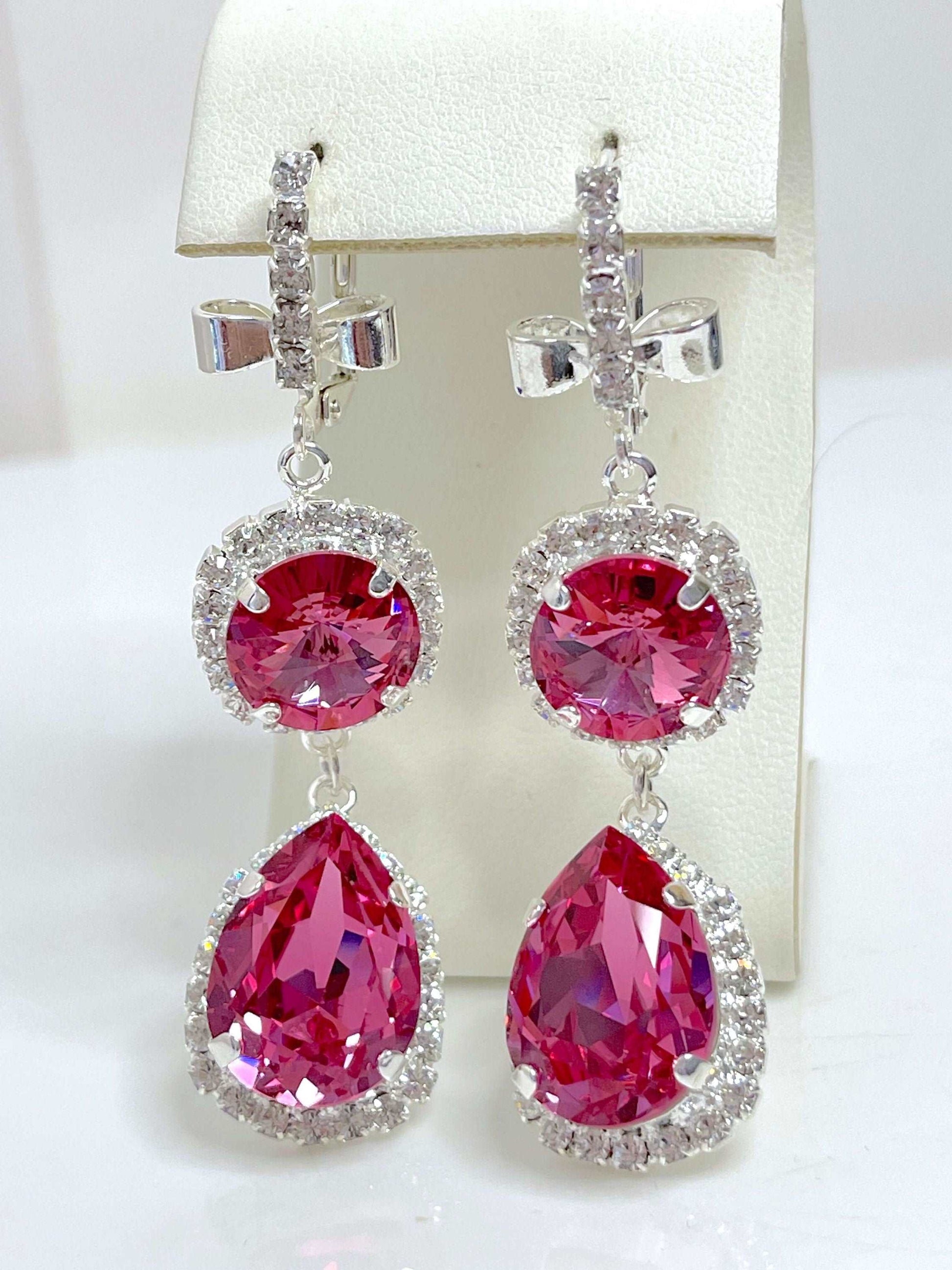 Rose Pink Crystal Earrings | Vintage Style Georgian Collet | Teardrop Statement Drops