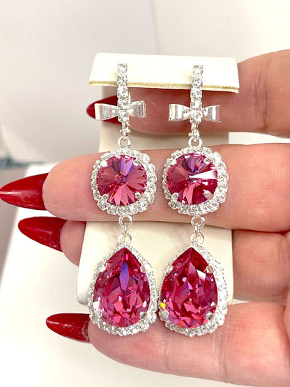 Rose Pink Crystal Earrings | Vintage Style Georgian Collet | Teardrop Statement Drops