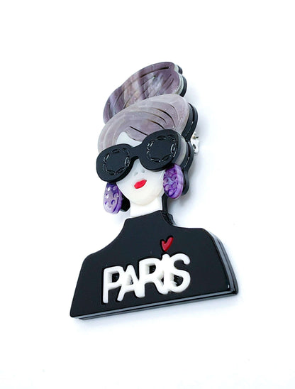 Chic French Style Lady Brooch, Fun Lady in Sunglasses, Fashion Pin for Jacket Scarf, Paris Lady Pin, Brooches For Women