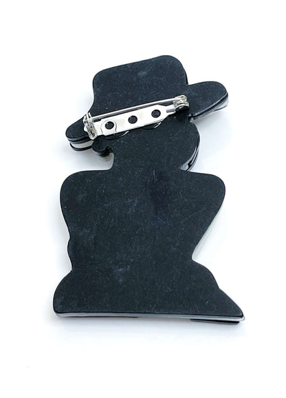 Elegant 1920's Lady Brooch | Lady in Black Hat with Long Gloves Fashion Pin